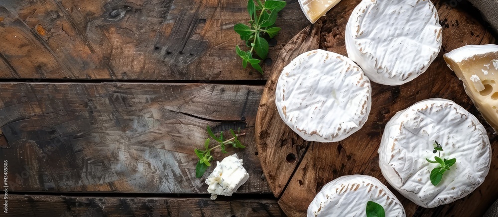 Aufkleber Fresh soft cheese made from cow goat or sheep milk is a natural appetizer on a rustic table ideal for a meal or snack displayed with copy space in a top view food background