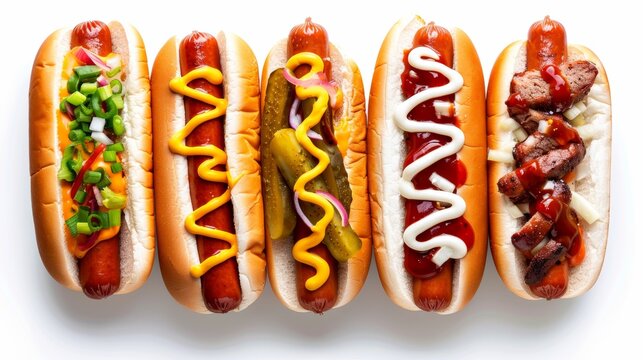 Five gourmet hotdogs with various toppings are displayed on a clean white background, perfect for food enthusiasts