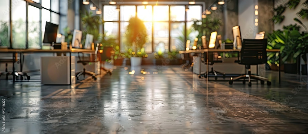Poster empty contemporary office interior with bokeh background featuring furniture computers and a sleek c