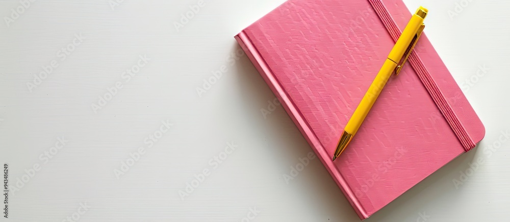 Poster High angle shot of a pink notebook and yellow pen placed on a white backdrop suitable for school or office themed wallpapers featuring a flat lay style with ample copy space image