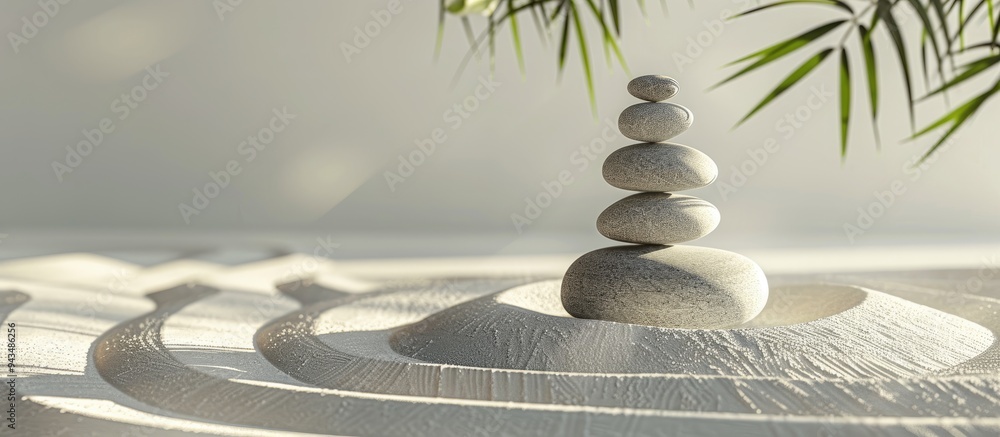 Poster minimalistic zen garden showcasing a stack of balanced pebbles in a serene white sand pattern suitab