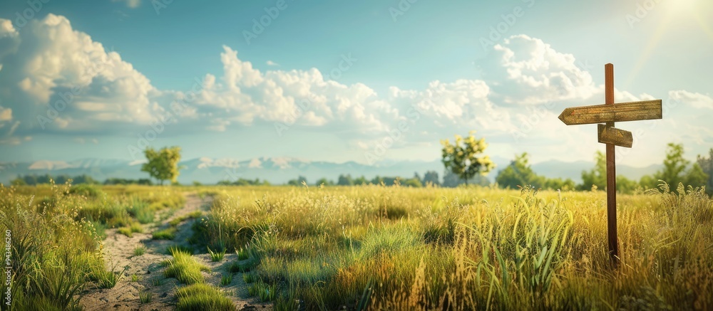 Aufkleber A sunny day with an empty field directional signs on the ground ideal for a copy space image