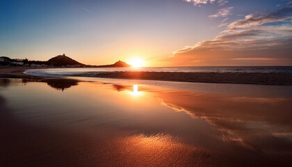 Naklejka premium sunset at beach with mirror effect french riviera