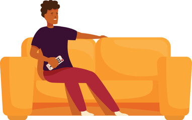 Young man is sitting on a sofa, holding a remote control and watching television