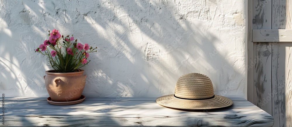 Poster white table displaying a summer hat with a greek home interior background offering ample copy space 
