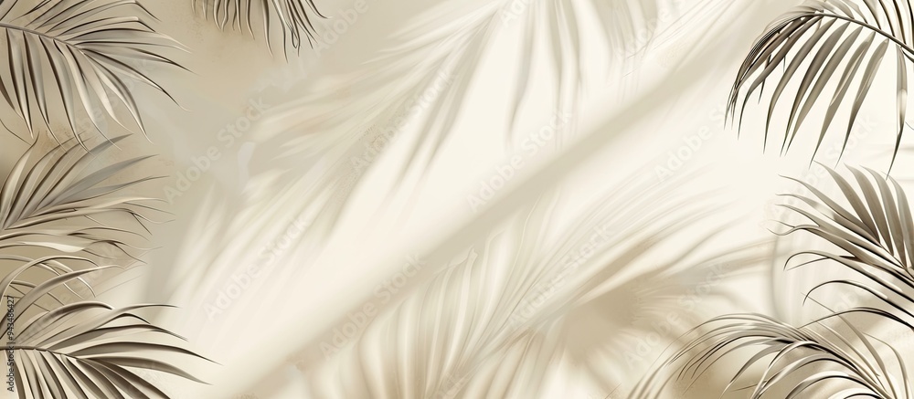Poster beige background with tropical palm leaves is shown in an empty room providing a minimal abstract ba