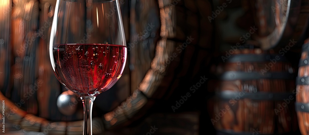 Poster Close up shot of a glass of red wine against an oak cask backdrop with reflections ideal for copy space image