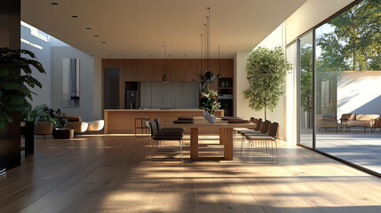 Fototapeta premium 3D rendering of a modern dining and living room featuring luxury decor. --ar 16:9 --v 6.1 Job ID: 6f715711-b717-4869-b989-ad8c13e64da2