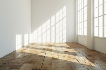 Minimalist Empty Room with Wood Parquet Floor and White Wall