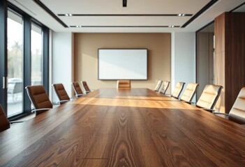 Empty office wooden desktop with empty space on modern boardroom with large window background, closeup, mock up, ai