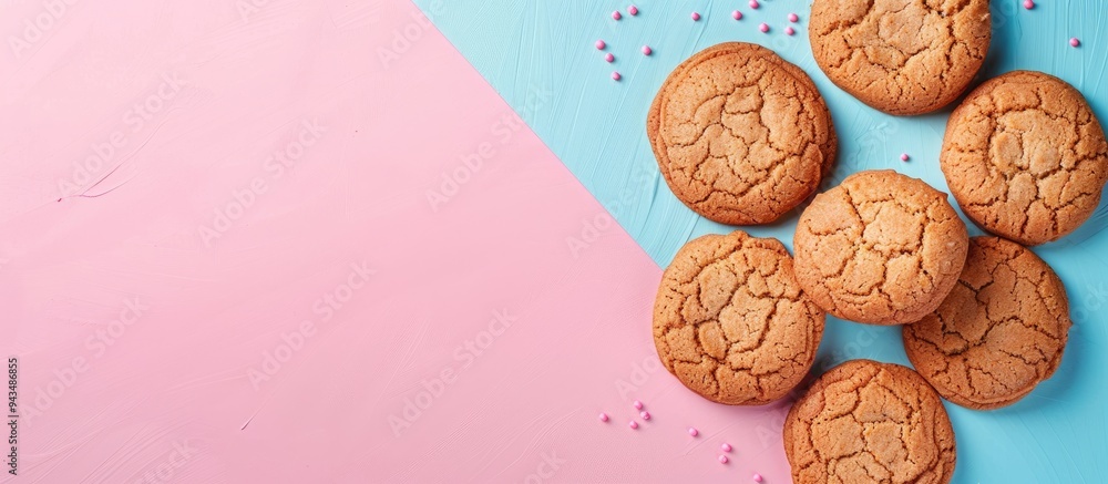 Aufkleber top view of cookies on a blue and pink background with copy space image