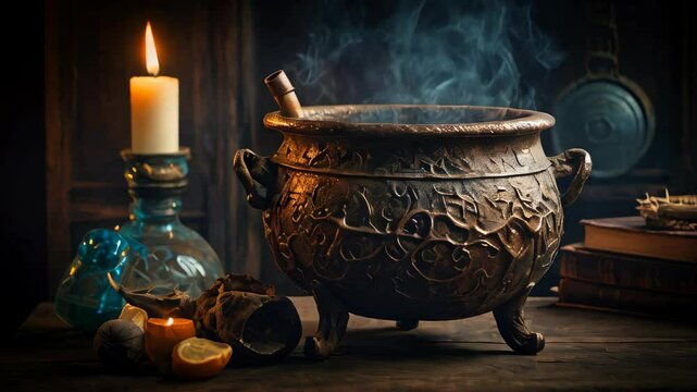 A sorcerer's cauldron boiling a potion
