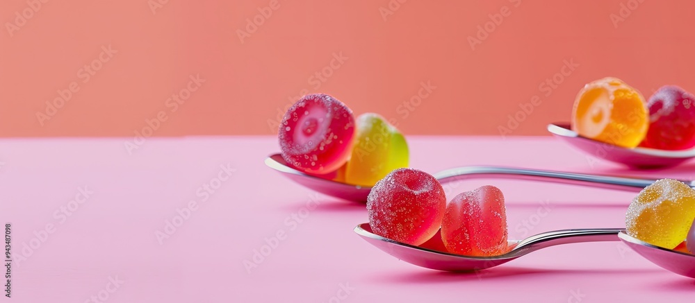 Poster spoons filled with jelly candies displayed on a pink backdrop with available copy space image