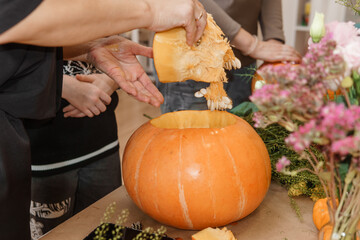 Creating a floral composition in a pumpkin. Making decor with your own hands.
