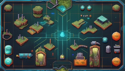 A retro arcade game level map interface with underground factory elements