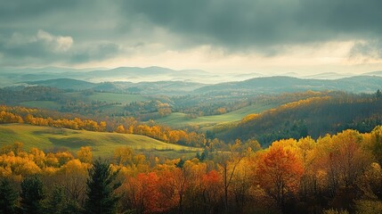 Obraz premium A view of rolling hills covered in autumn colors, under a soft, cloudy sky.