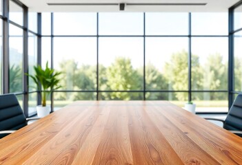Empty office wooden desktop with empty space on modern boardroom with large window background, closeup, mock up, ai