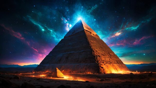An esoteric pyramid under a starry night sky. Hermetic and ancient wisdom concept.