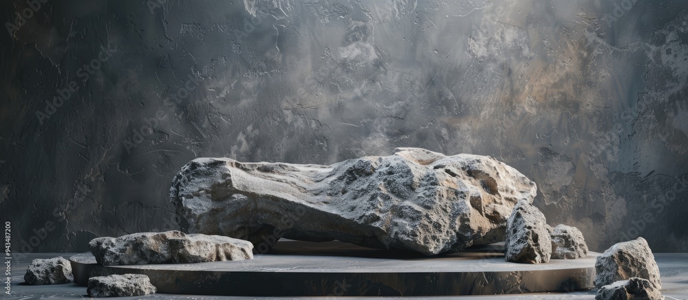 Aufkleber Stone podium with rocks and snags on grey background ideal for showcasing products with a wabi sabi aesthetic Features copy space image in a frontal perspective