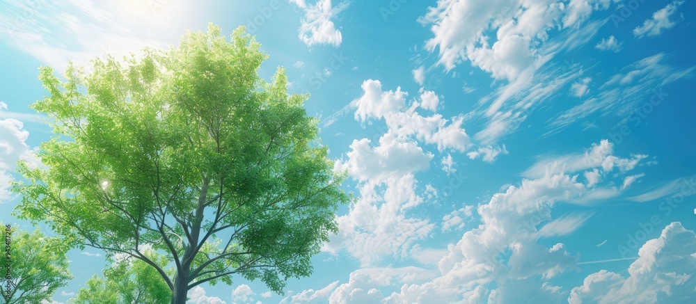 Poster Sunny day with a tree against a backdrop of blue sky and fluffy white clouds suitable as a copy space image