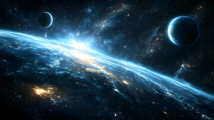 Obraz premium A blue planet with two moons in a starry galaxy.