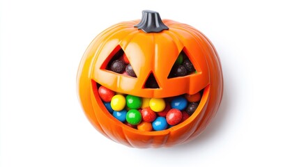 Halloween pumpkin candy holder, flat design, top view, colorful candies, isolated on white background