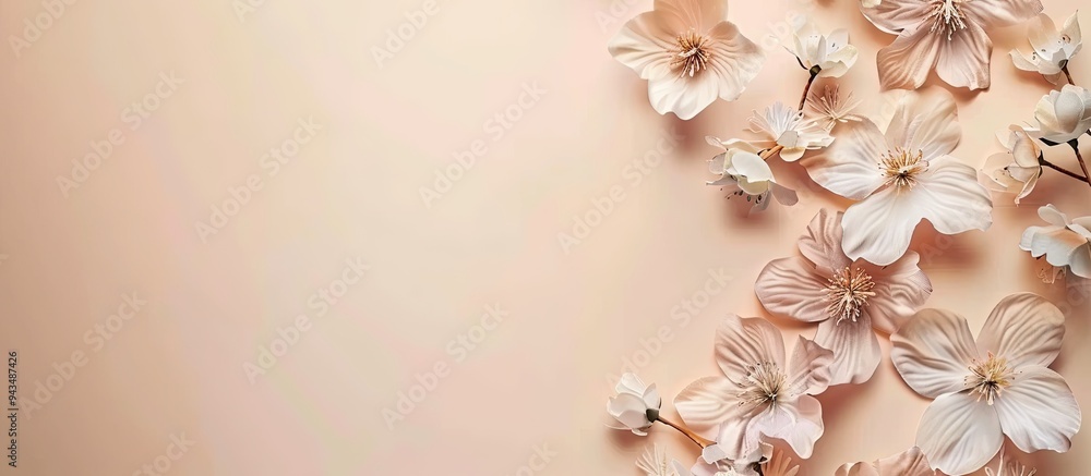Poster Top down view of floral arrangement on beige backdrop ideal for adding text or graphics copy space image included