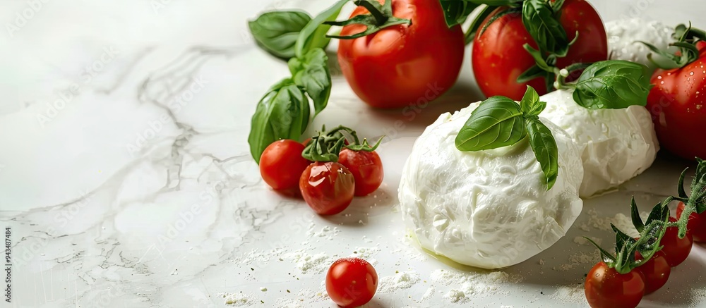 Aufkleber fresh burrata cheese basil and tomatoes on a white table perfect for text copy space image