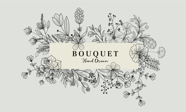 Bouquet Set of elegant background with detailed various flowers and foliage, intricate details and delicate forms. Floral frame & Wedding wildflowers for invitation save the date card Etc.