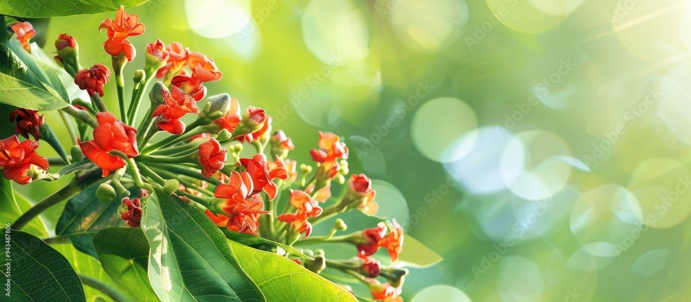 Poster jatropha plant with red flowers and green leaves against a green background and sky suitable for a c