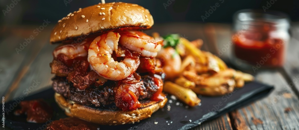 Poster A close up image featuring a burger topped with shrimp and meat on a black napkin with a jar of red sauce next to it providing copy space within the frame