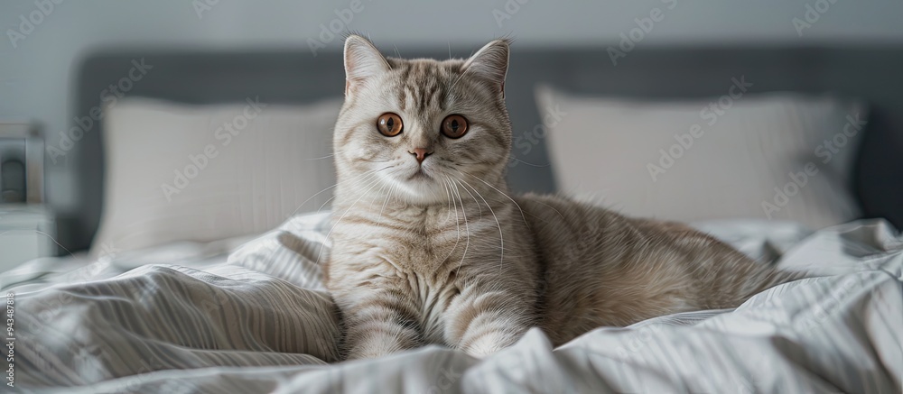 Aufkleber a cute british shorthair cat with brown eyes is sitting on a bed facing the camera in a front view s