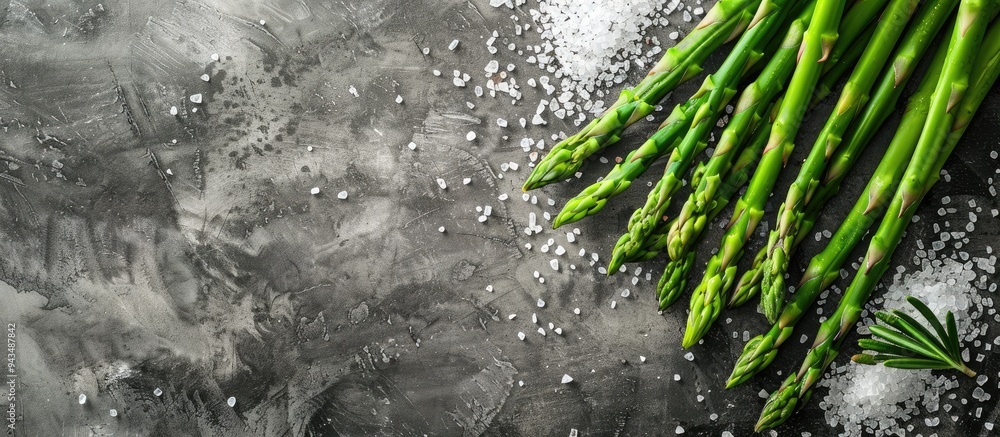 Poster top view of fresh green asparagus next to sea salt on a textured grey table with ample space for tex