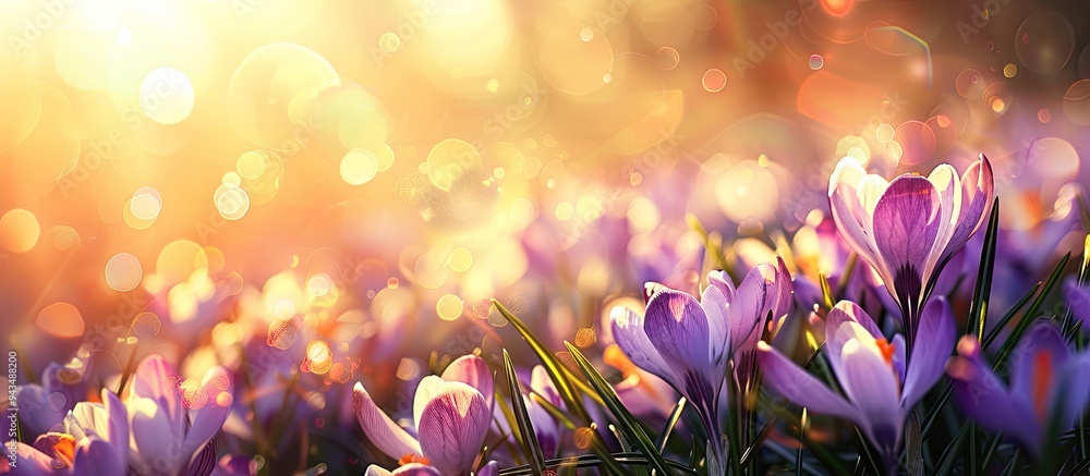 Poster a vibrant spring scene with a mixture of crocuses in the morning light outdoors creating a beautiful