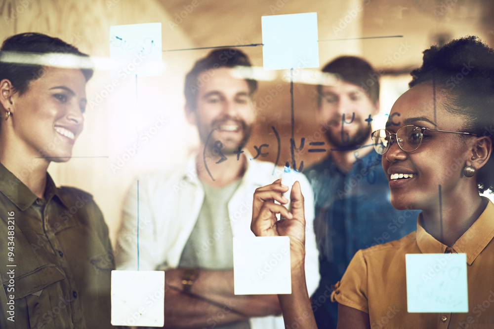 Poster Business people, writing and problem solving with team on glass board for equation or brainstorming together at office. Group of employees in meeting with math notes for company formula at workplace