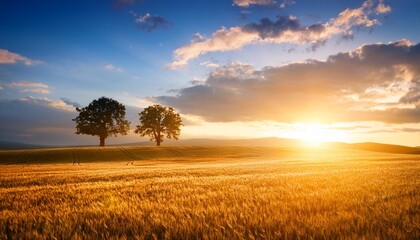 Fototapeta premium beautiful scenery with field and two trees sunset sun in the sky clouds