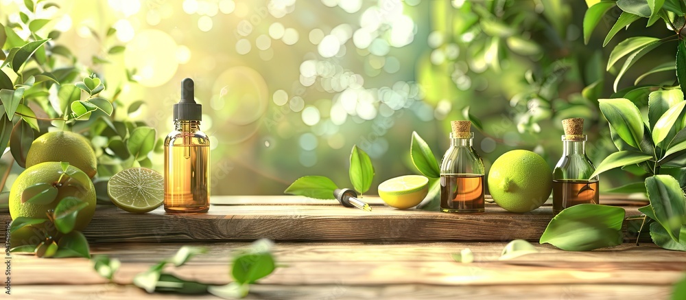 Poster bottles of essential oils dropper limes and green leaves set on a wooden surface with a clear area f