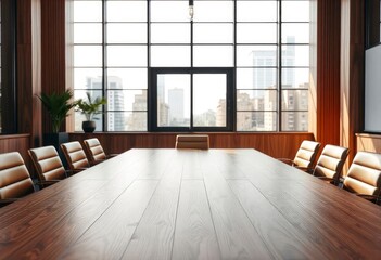 Empty office wooden desktop with empty space on modern boardroom with large window background, closeup, mock up, ai