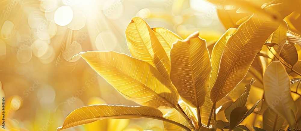 Poster Vibrant yellow leaves in a garden setting with fresh morning light creating a picturesque scene perfect for a copy space image