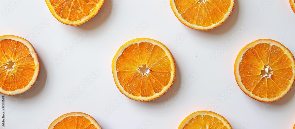Poster Fresh orange slices artfully displayed on a pristine white backdrop with copy space image