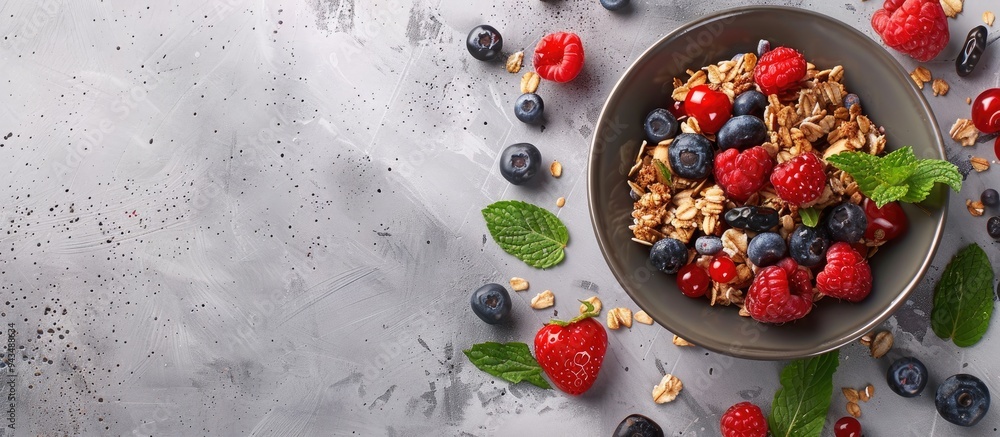 Poster Banner design featuring granola topped with berries and nuts on a grey table with room for text in a copy space image