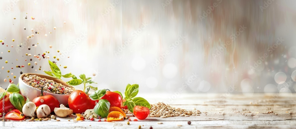 Poster nutritious and healthy eating with a variety of fresh vegetables and cereals displayed with copy spa