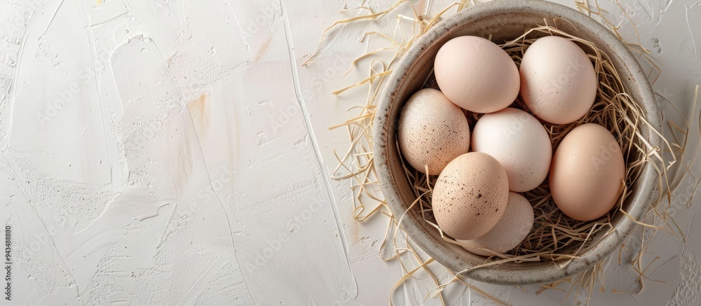 Poster A bowl with fresh chicken eggs sits on a table with dried straw creating a rustic appearance on a white background in a copy space image
