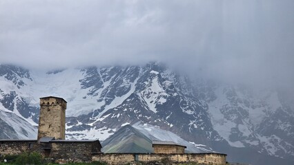 mountain hut in the fog