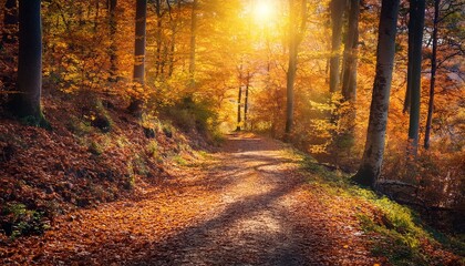Obraz premium Discover the Serene Beauty of an Autumn Woodland Path Bathed in Soft Sunlight and Fall Foliage. Generative AI