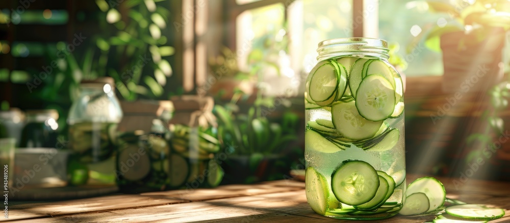 Aufkleber a jar of water with sliced cucumber placed on a wooden table under sunlight with preserved jars and 