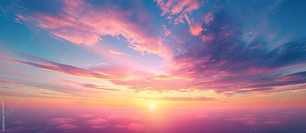 Leinwandbilder Scenic sunrise or sunset with gradient sunlight on a colorful romantic sky background creating a serene natural view with space for adding images. Creative banner. Copyspace image