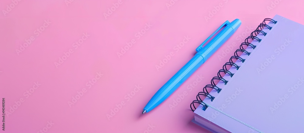 Poster a blue pen and notebook placed on a simple pink backdrop with empty space for an image. creative ban