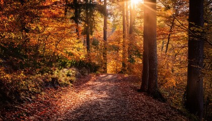 Experience the Magic of Autumn: A Forest Path Covered in Vibrant Leaves Bathed in Sunlight. Generative AI