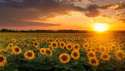 Obraz premium beautiful sunset over sunflower field